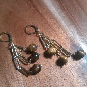 Tiger's Eye Ion Plated Gold Stainless Steel Dangle Earrings